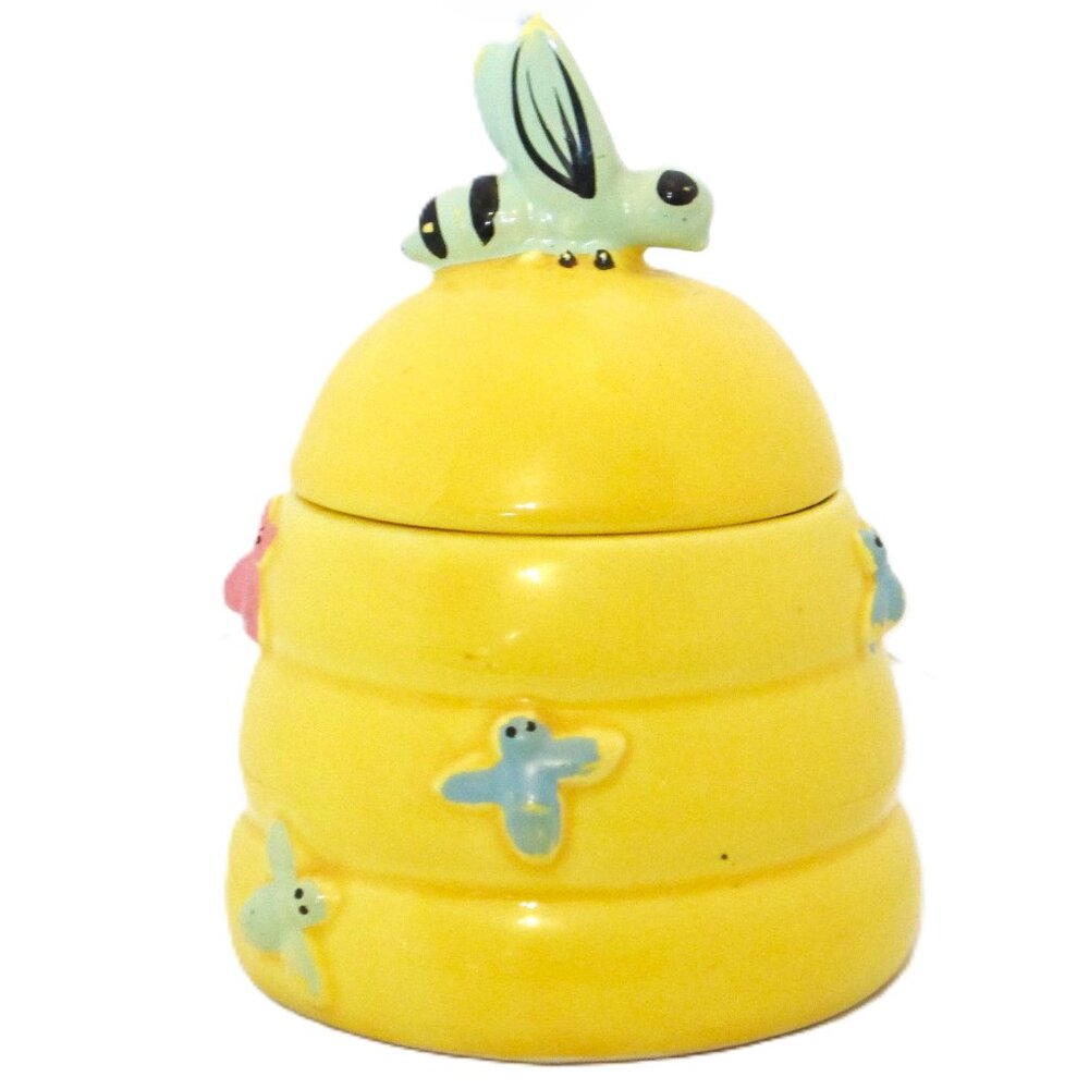 Vtg Honey Jar with green bee on top colored bees flying